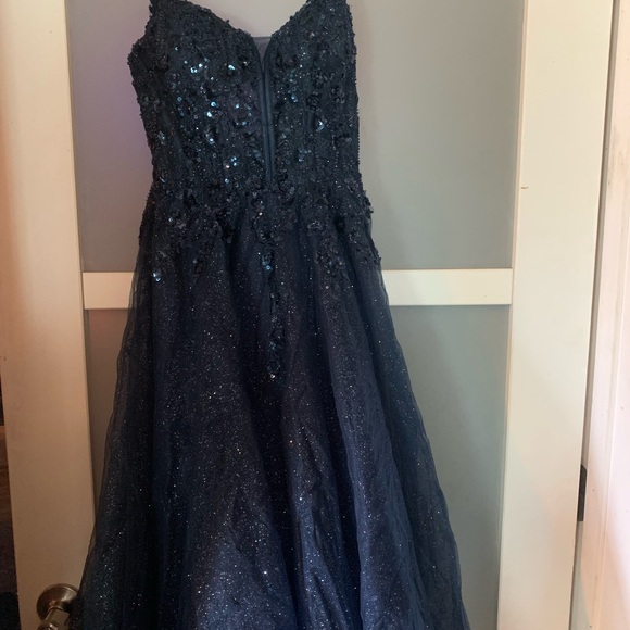 Elegant Navy Blue Sequin Prom Dress - Picture 2 of 8